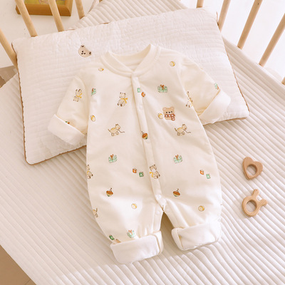 婴儿夹棉连体衣秋冬季40g薄棉新生儿棉服0-12个月宝宝哈衣爬服冬