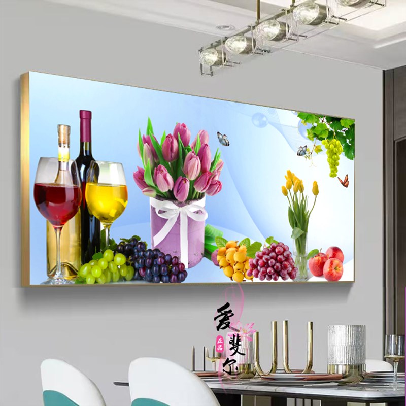 新创意餐厅画单联客厅挂画水果酒杯装饰画大气墙壁画晶瓷金属框画图片