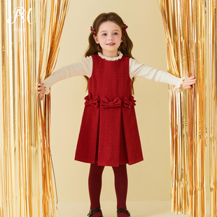 Petite Marguerite小雏菊童装·秋冬甜美红色花呢蝴蝶结背心裙