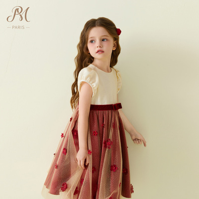 小雏菊PM童装金纱手工钉花连衣裙