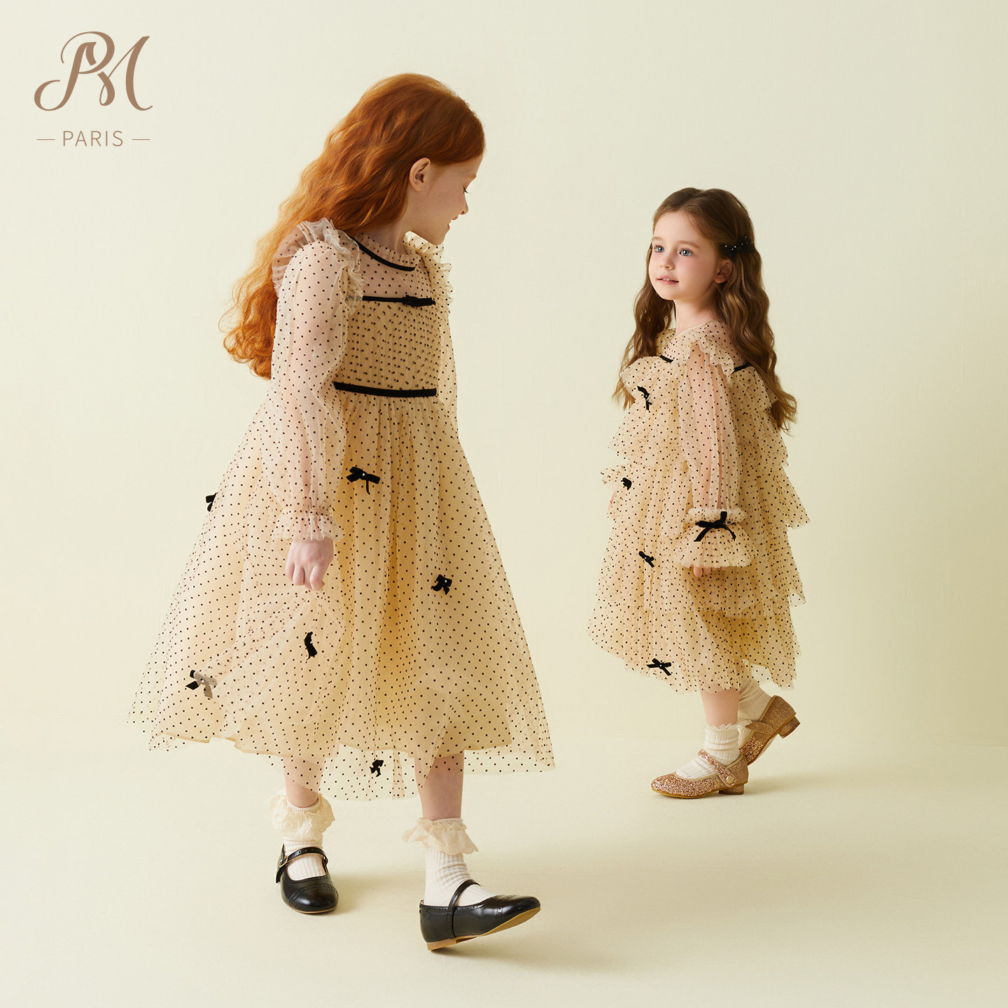 Petite Marguerite小雏菊童装优雅点点长袖泡泡网纱