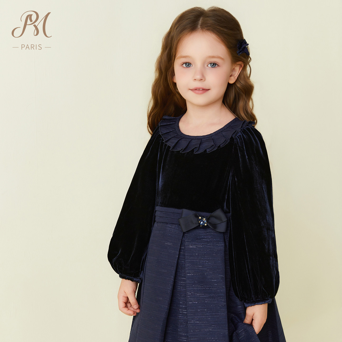 Petite Marguerite小雏菊童装·藏青色荷叶领长袖连