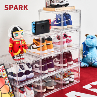 正开压克力鞋盒透明硬塑料加厚球鞋防氧化防尘磁吸折叠鞋柜收纳盒