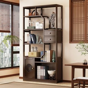 茶室博古架摆件茶具架子置物架新中式多宝阁非实木茶叶收纳柜书架