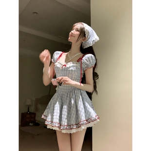 收腰显瘦纯欲甜美莫奈花园风法式 格林童话田园短裙夏季 方领连衣裙