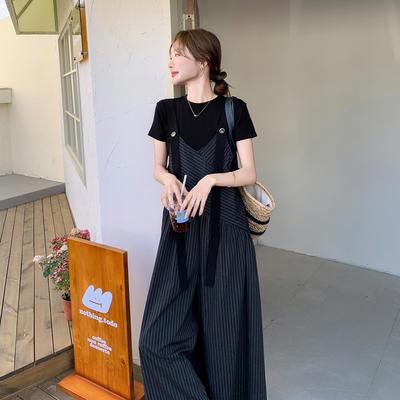 气质休闲套装女短袖显瘦2025夏季新款小众设计感条纹背带裤上衣