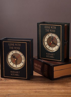 复古木质书形钟表假书摆件家用客厅酒柜桌面装饰品收纳盒拍照道具