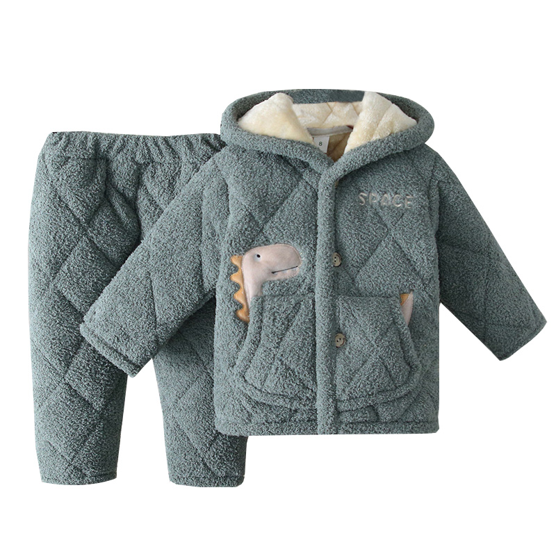 儿童睡衣冬季加厚款加绒男童三层夹棉宝宝男孩珊瑚绒法兰绒家居服