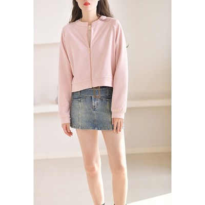 GESGOO休闲外套女小个子2023新款春秋短款显瘦粉色卫衣开衫圆领薄