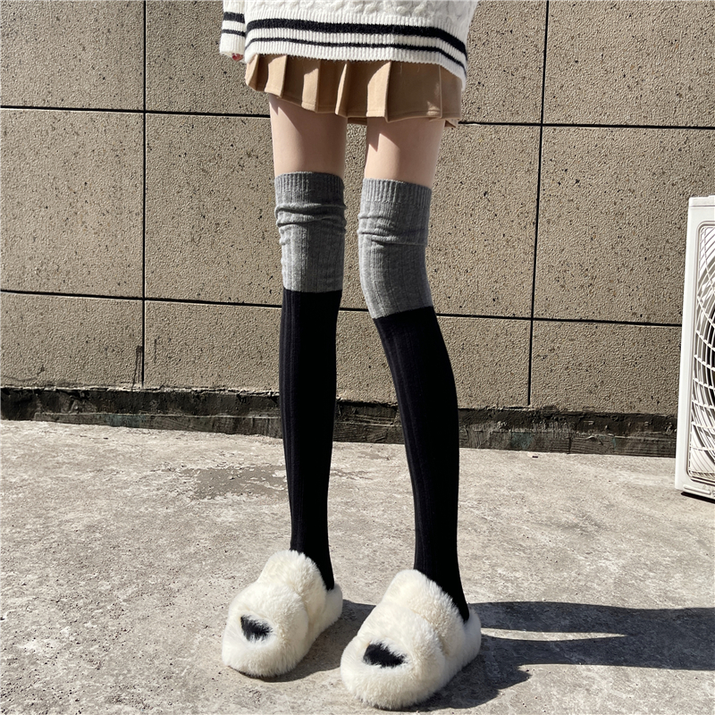 拼色过膝袜子女秋冬加厚保暖拼接泡泡袜灰色长筒JK白色高筒大腿袜