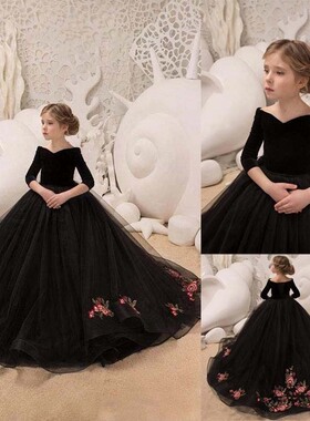 外贸女童表演蓬蓬纱裙黑色模特走秀钢琴晚礼服公主裙主持人秋冬裙