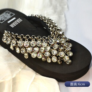 沙滩鞋 2020夏季 人字夹脚拖鞋 韩国松糕厚底坡跟串珠水钻 女 新款