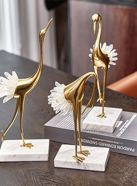 轻奢纯铜水晶石仙鹤摆件 新中式欧式家居客厅玄关电视柜酒柜装饰