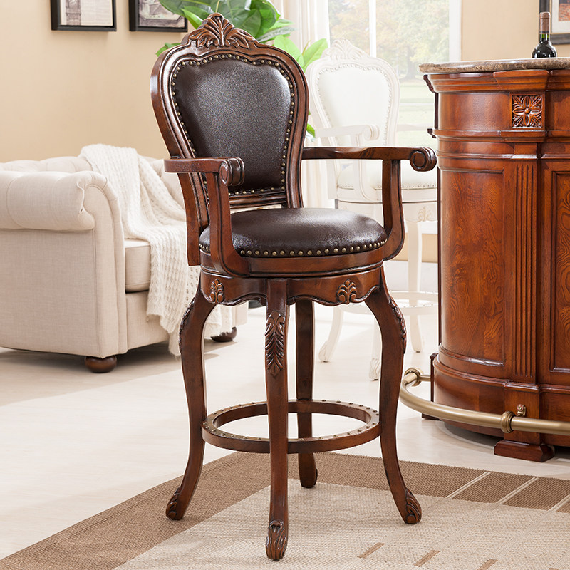 美式吧台椅子欧式l吧台高脚凳家用实木靠背复古真皮旋转仿古酒吧