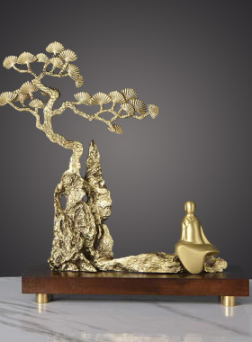 黄铜招财迎客松装饰摆件家居饰品新中式客厅电视酒柜办公室书房原