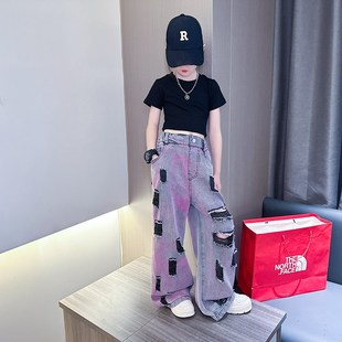 大童时髦直筒阔腿裤 女童破洞牛仔裤 儿童洋气炸街薄款 新款 2025夏季