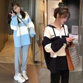 套头卫衣 棉洋气遮肚不显怀网红拼色撞色开抽连帽长袖 孕妇秋装 套装