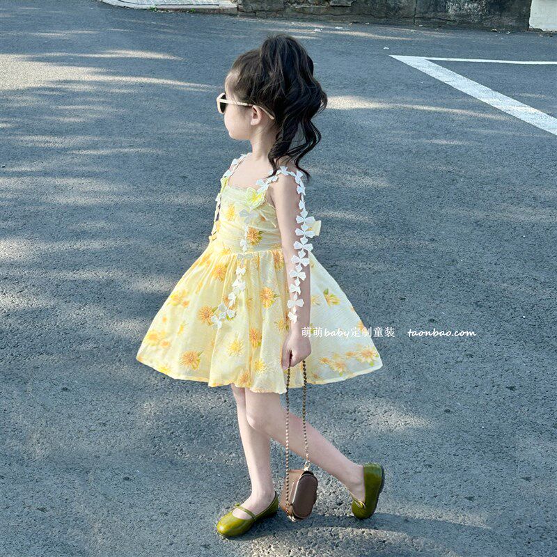 女童重工满绣小邹菊碎花吊带裙2025夏季新款小女孩甜美显白洋装