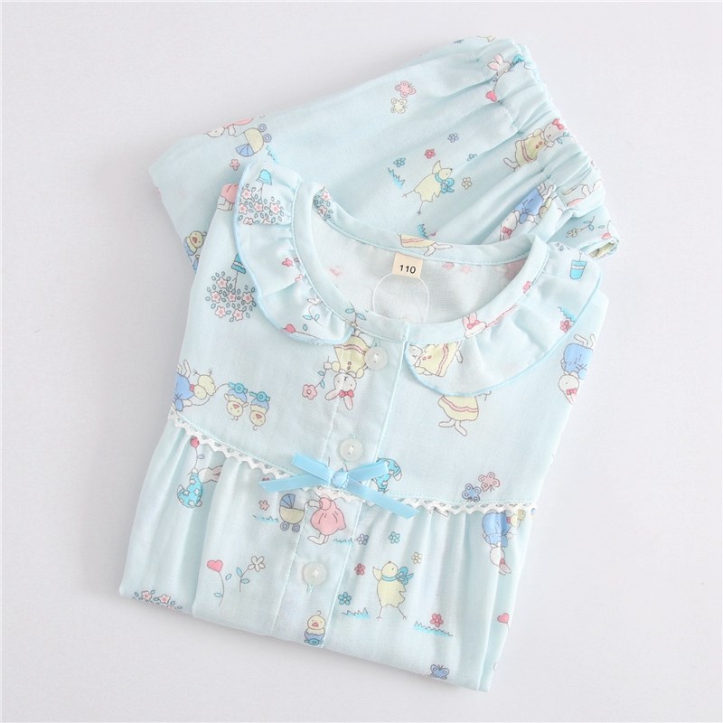 夏天可爱公主纱布短袖七分裤空调房家居服套装女童睡衣薄款夏纯棉