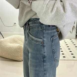 xxs七分145直筒卷边牛仔裤 子 女秋冬复古高腰八分显高小个子阔腿裤