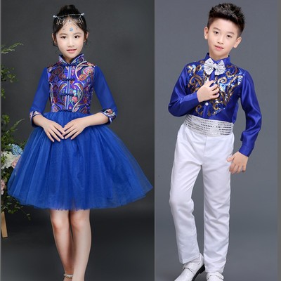 儿童演出服男女中国风快板小钢琴吉他二胡口琴表演朗诵大合唱礼服