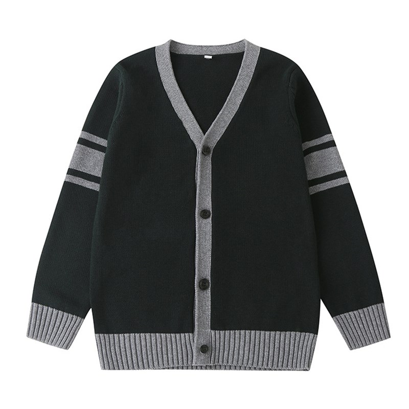 英伦风男女童针织外套枣红间灰拼接中小学生校服棉开衫毛衣学院冬