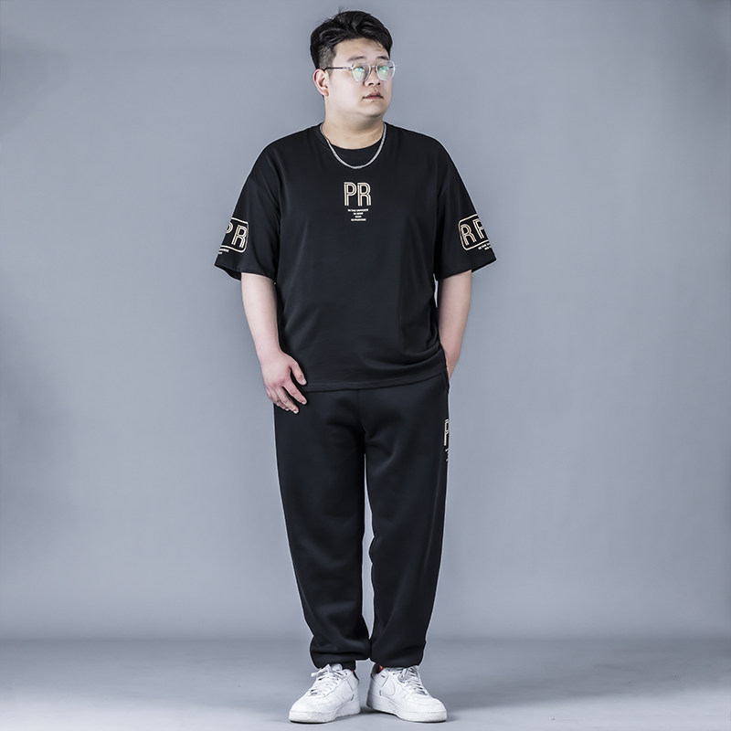 短袖套装男宽松春夏季潮休闲大码男装加肥加大胖子T恤长裤两件套
