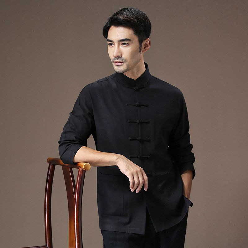 中国风唐装男青年休闲立领中式盘扣打底长袖衬衫秋季修身复古套装,男装,唐装,淘宝优惠券,粉丝福利购,淘宝优惠卷