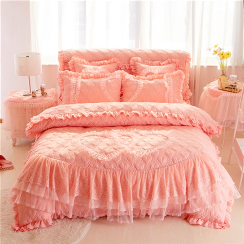 婚庆大红色公主风床裙床罩式四件套夹棉蕾丝纱花边床单被套六件套