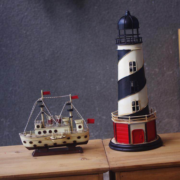 怀旧覆古装饰品桌面地中海灯塔船模铁艺做旧摆件样板间儿童房布置