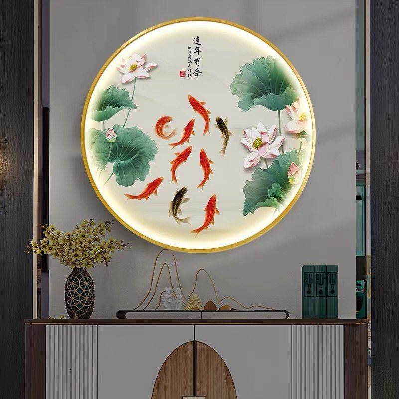 新中式玄关装饰画 画荷花九鱼图圆形灯光画 画饭厅过道背景挂画,家居饰品,现代装饰画,淘宝优惠券,粉丝福利购,淘宝优惠卷