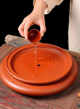 潮州手拉茶盘10英寸朱泥茶盘章金权大师紫砂茶船茶台小干泡台