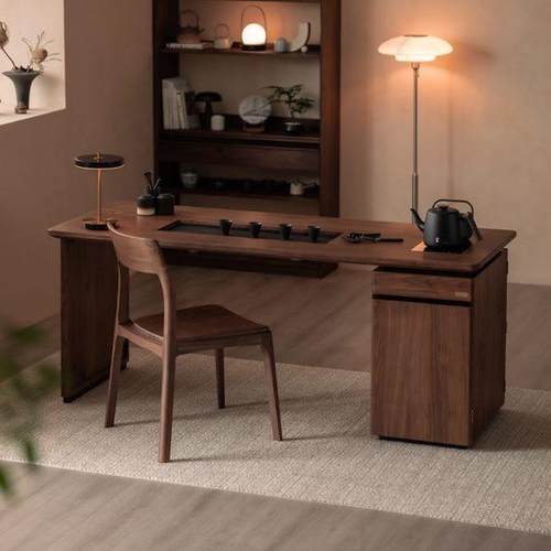 新中式黑胡桃木茶桌原木茶室泡茶台阳台实木书桌茶台烧水壶一体