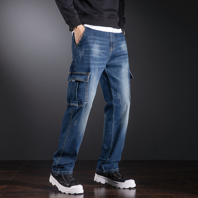 美式工装多袋宽松直筒男牛仔裤