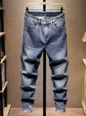 2025新款潮牌蓝色牛仔裤男修身小脚时尚韩版水洗百搭弹力长裤