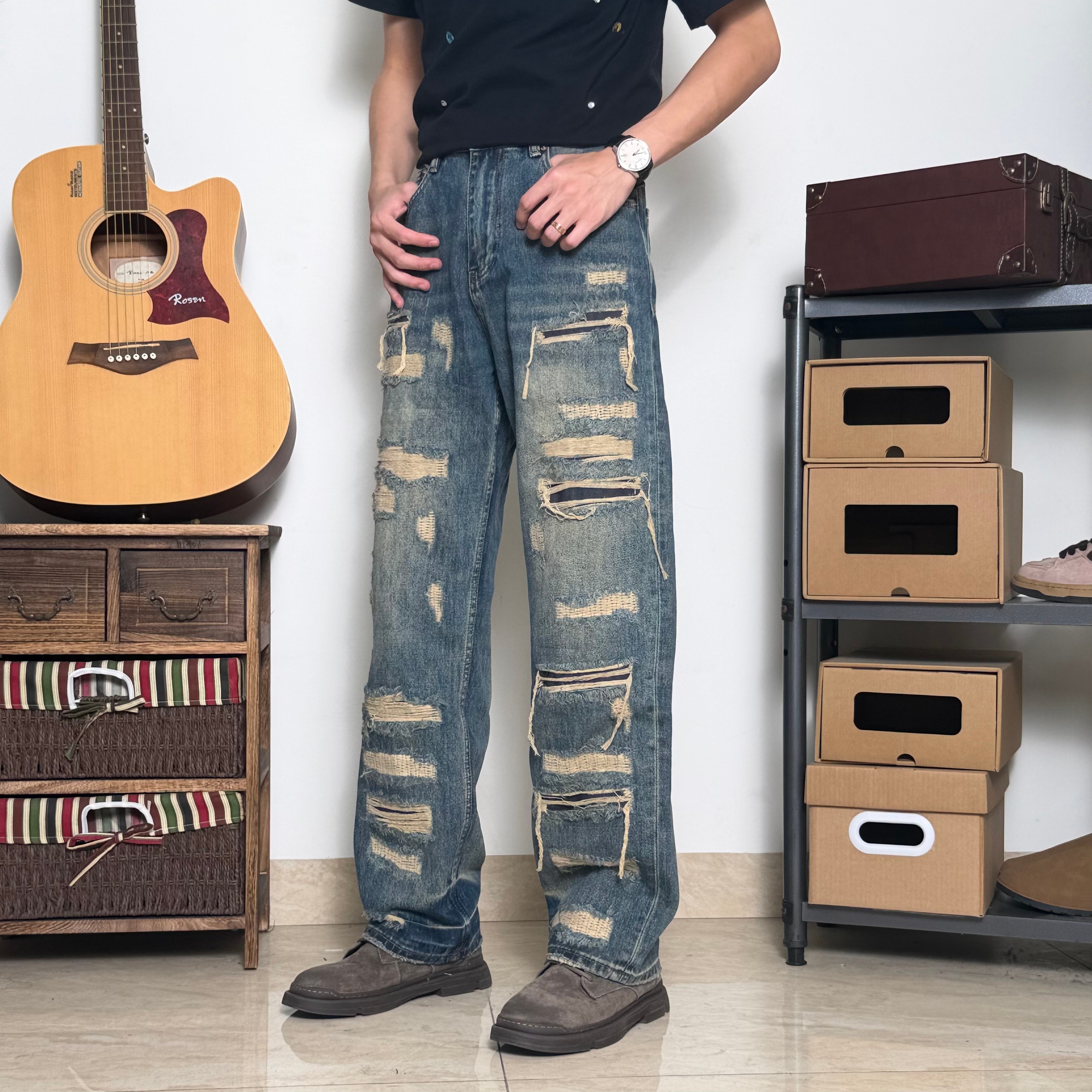 补丁长裤潮牌宽松复古风直筒破洞