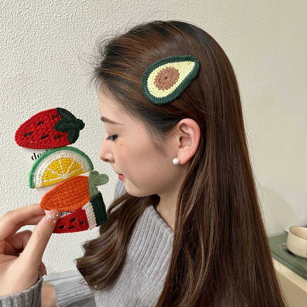 小香风毛线水果发夹女韩国lolita网红草莓边夹刘海夹发卡夹子头饰