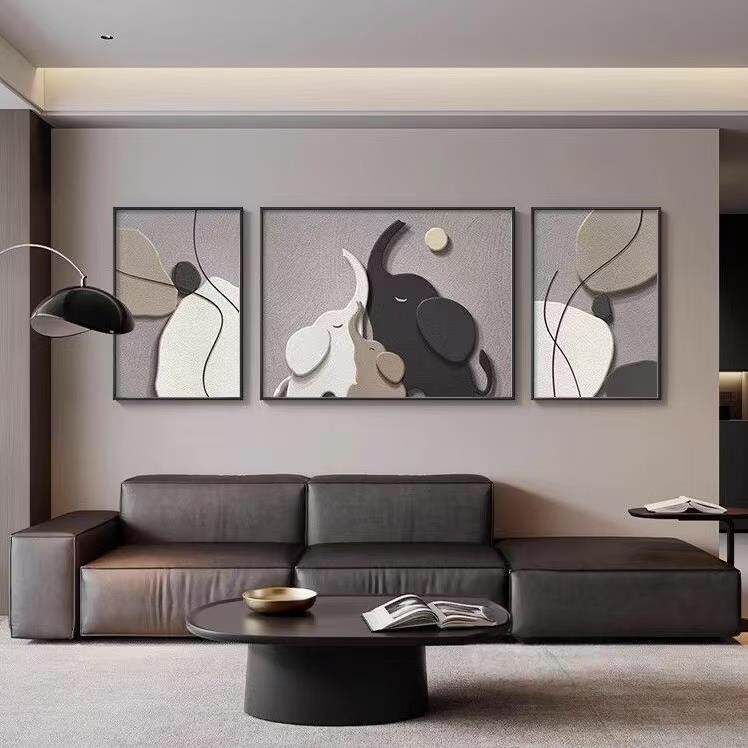 现代简约大象客厅装饰画轻奢黑白灰沙发背景墙挂画一家三口三联画