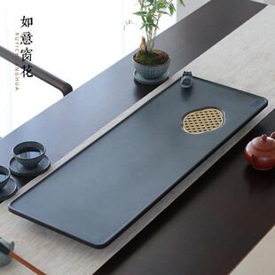 闻石 乌金石茶盘整块天然石头茶台铜石结合石材茶海排水家用茶具