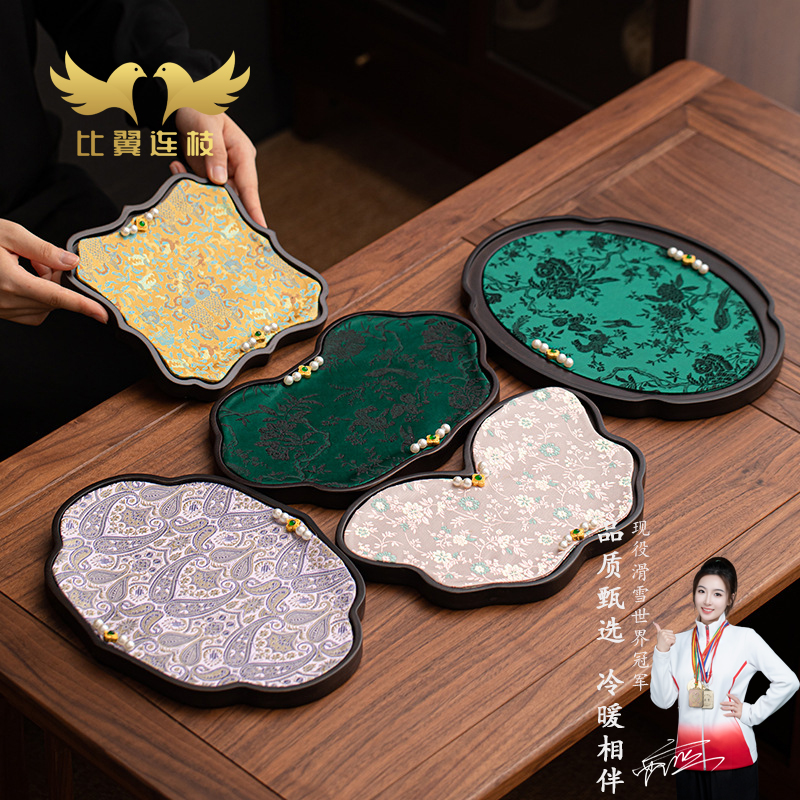 比翼连枝海棠蝴蝶竹制织锦茶盘