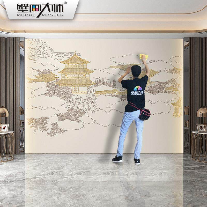 新中式楼阁壁纸山水壁布电视背景墙纸硬包壁画 画饭店客饭厅装饰,家装主材,定制壁画,淘宝优惠券,粉丝福利购,淘宝优惠卷