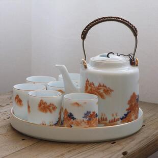 粉彩世外桃源茶具套装提梁壶景德镇陶瓷茶壶茶杯茶盘中式覆古礼盒