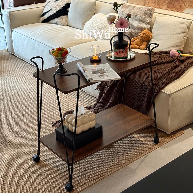 简约北欧小推车实木边几置物架沙发可移动茶几铁艺餐车中古客厅