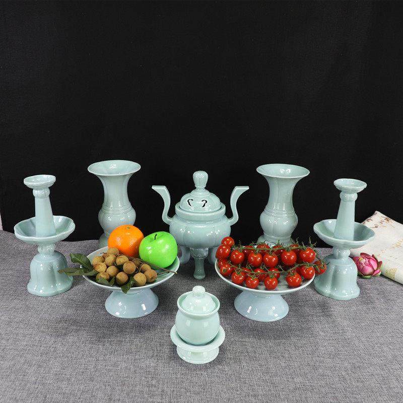 新款陶瓷五供组套五贡套香炉烛台花瓶龙泉兰果盘供水杯摆件,家居饰品,桌面摆件,淘宝优惠券,粉丝福利购,淘宝优惠卷