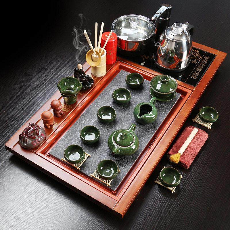 整套实木茶盘玻璃紫砂功夫茶具套装办公家用四合一全自动上水烧水