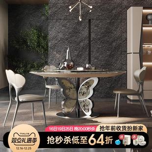 天然奢石餐桌圆桌带转盘现代简约微晶石家用高端别墅大理石餐桌
