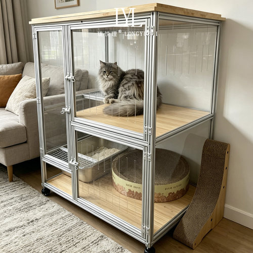 模块化铝木型猫柜带轮移动猫别墅全景透明展示笼家用室内猫咪房子