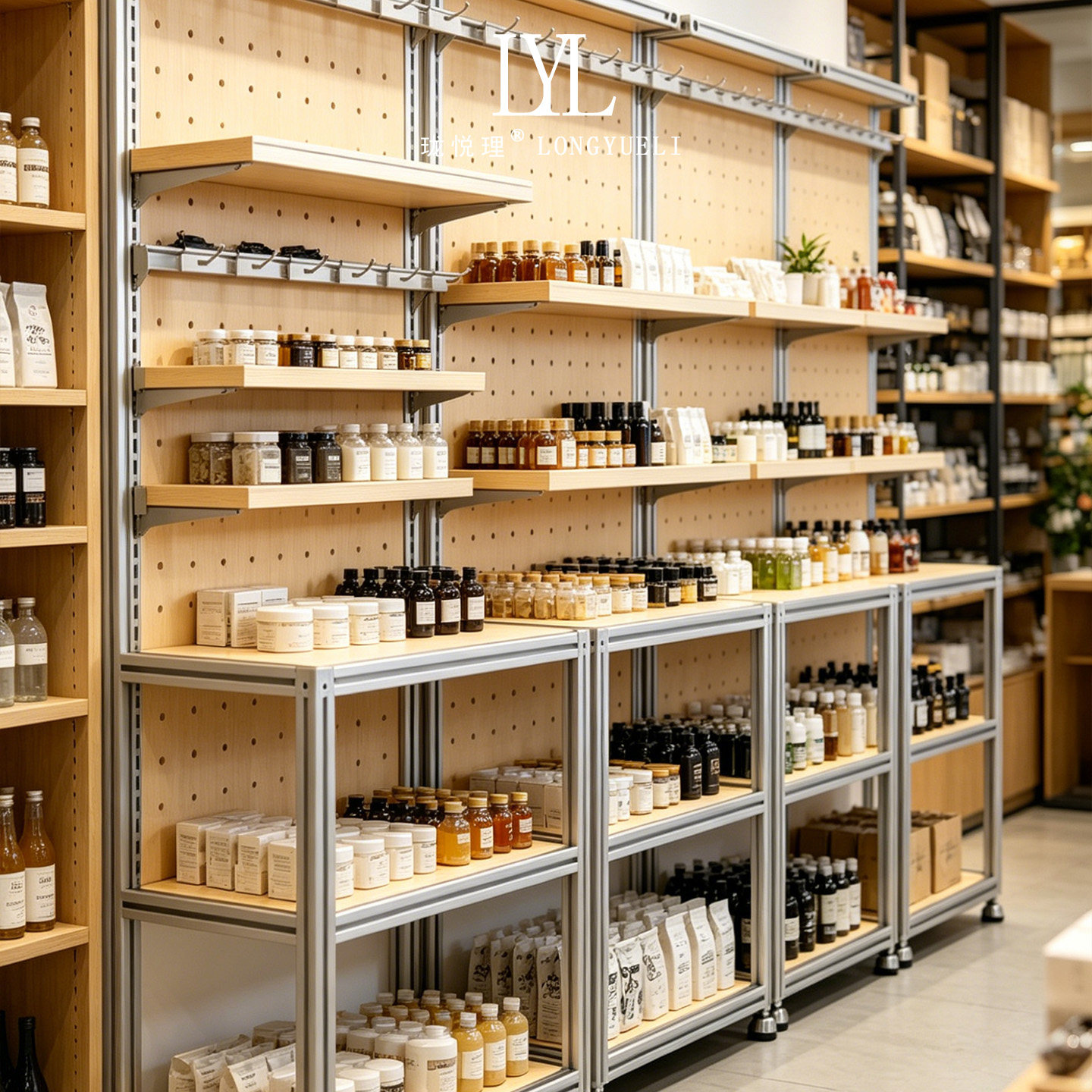 定制铝型材商超展示架洞洞板挂钩设计便利店零食日用品组合货架子