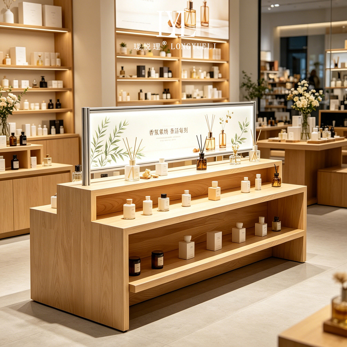 桦木海洋板中岛台柜多层茶叶店礼品展示柜中式货架文创旅游陈列架