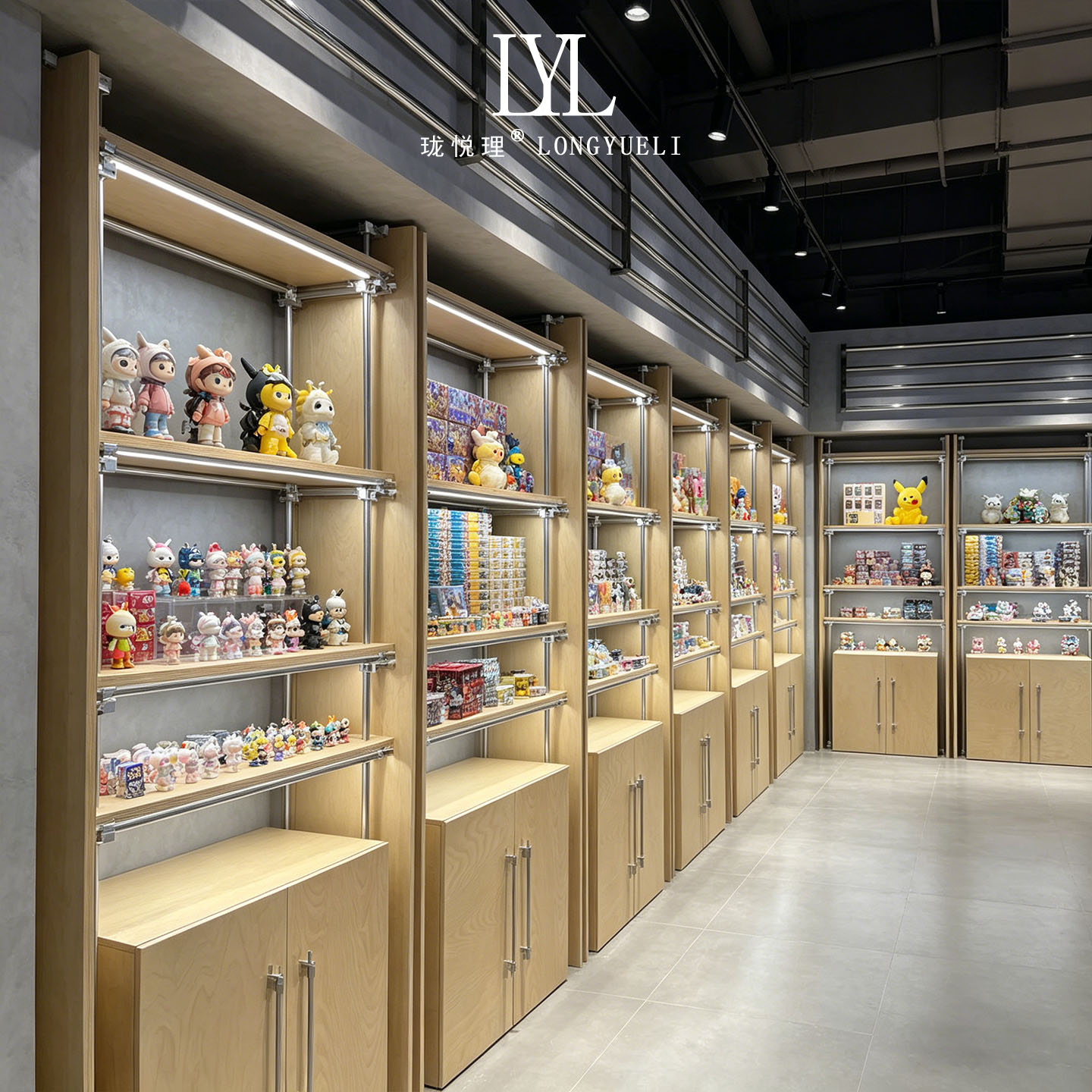 文创潮玩店铝型材木质展示架带灯手办卡牌周边落地商用组合陈列柜图片